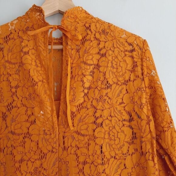 H&M / Floral Lace Pom-Pom Trim Long Sleeve Knee Length Dress Mustard Yellow Sz S - Picture 14 of 16